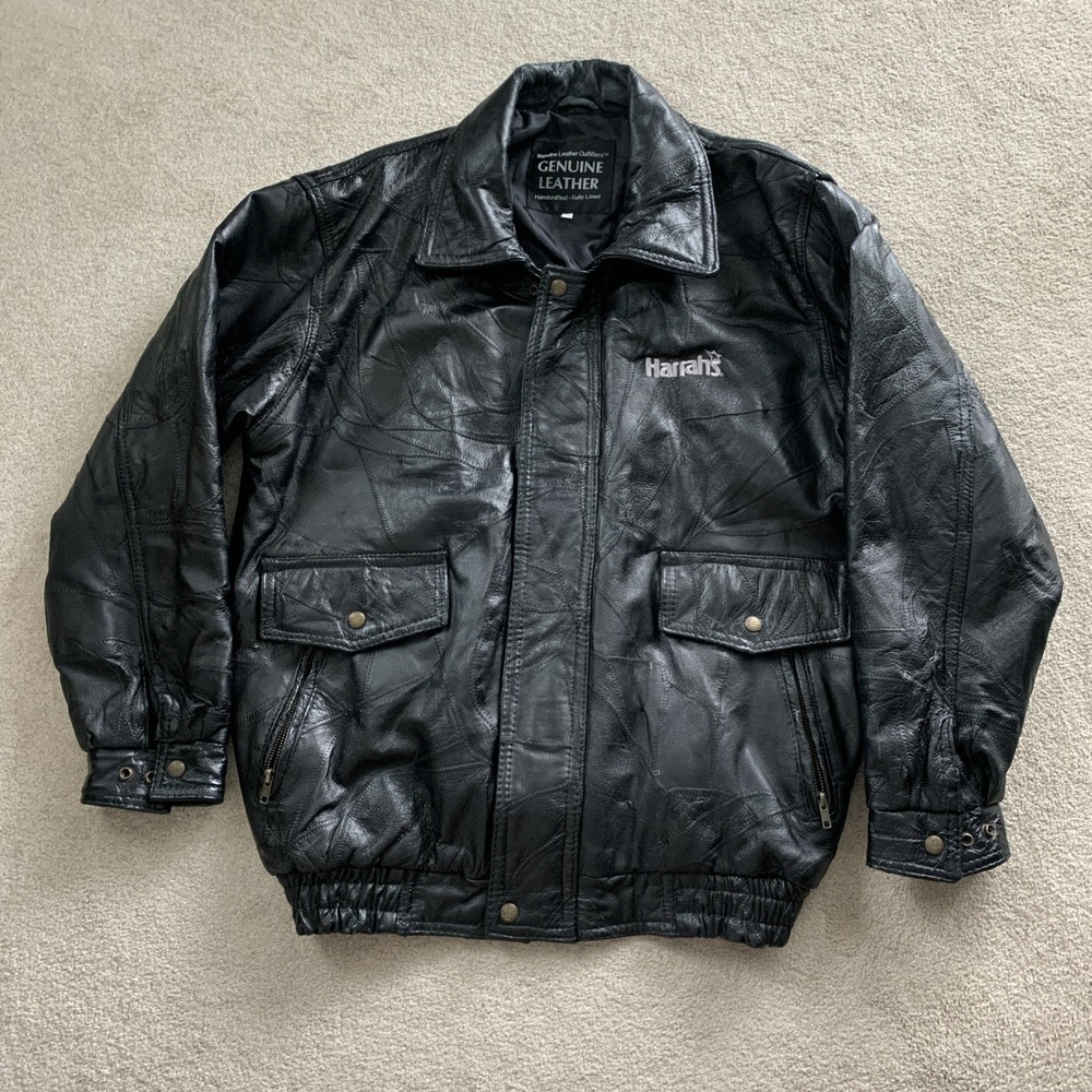 Vintage HARRAHS Casino Black Genuine Leather Jacket size 2X